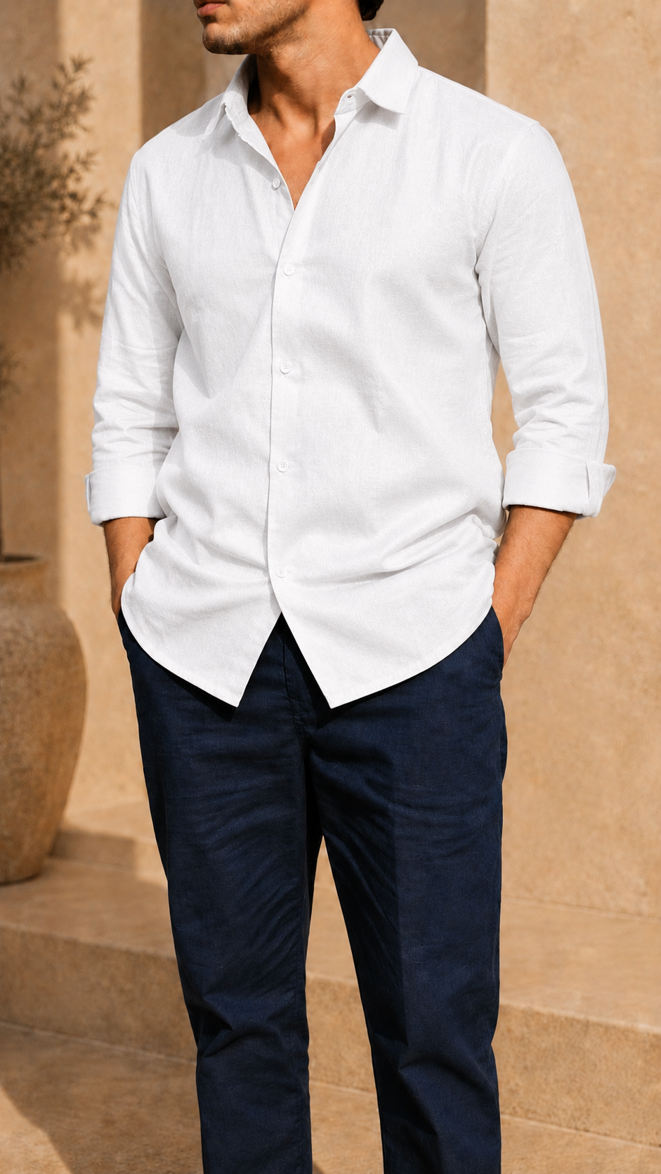 Full Sleeve Belgium Linen Pair For Men | White Shirt with Navy Pant by frenchcuff