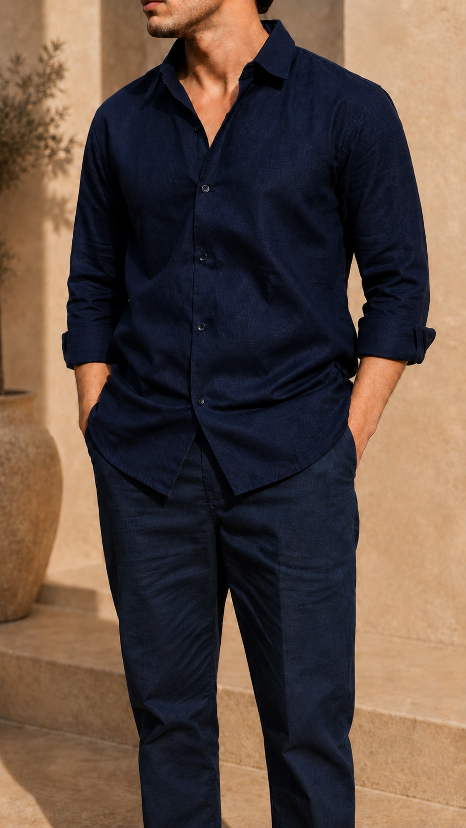 Full Sleeve Belgium Linen Pair For Men | Navy Shirt with Navy Pant by frenchcuff