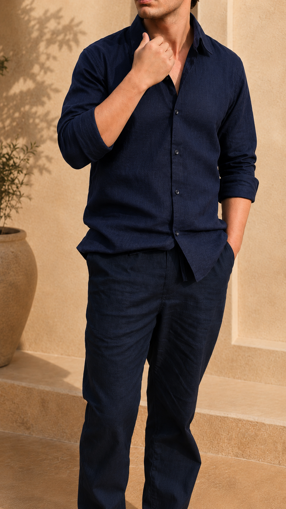 Full Sleeve Belgium Linen Pair For Men | Navy Shirt with Navy Pant by frenchcuff
