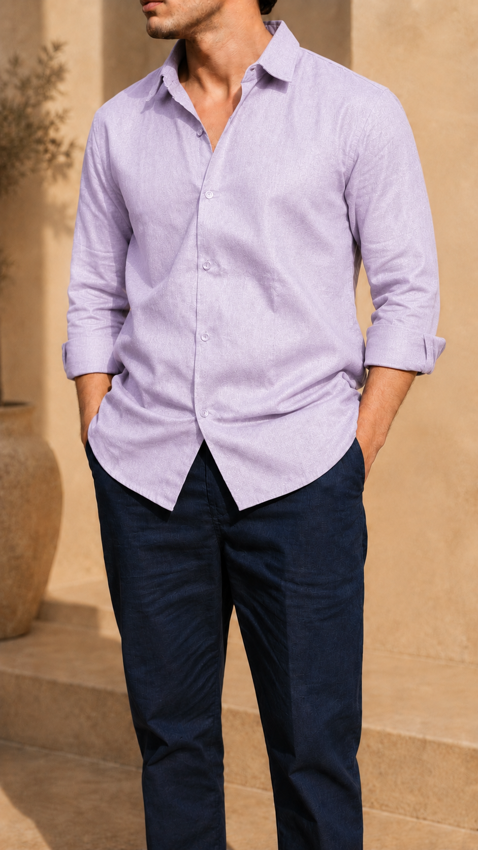 Full Sleeve Belgium Linen Pair For Men | Lavender Shirt with Navy Pant by frenchcuff