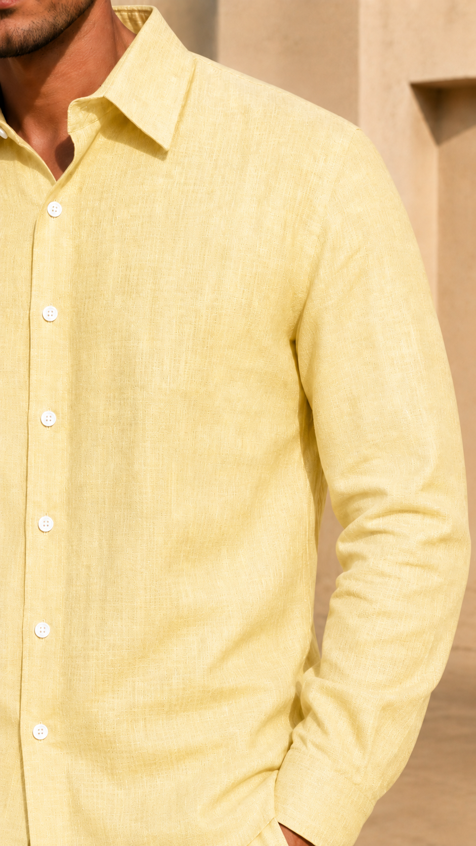 Full Sleeve Belgium Linen Pair For Men | Buttery Yellow Shirt with Beige Pant by frenchcuff
