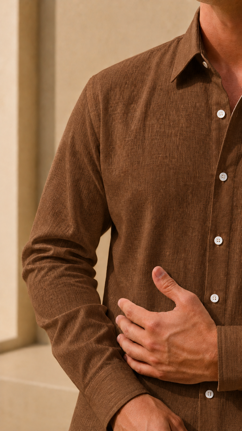 Full Sleeve Belgium Linen Pair For Men | Brown Shirt with Navy Pant by frenchcuff