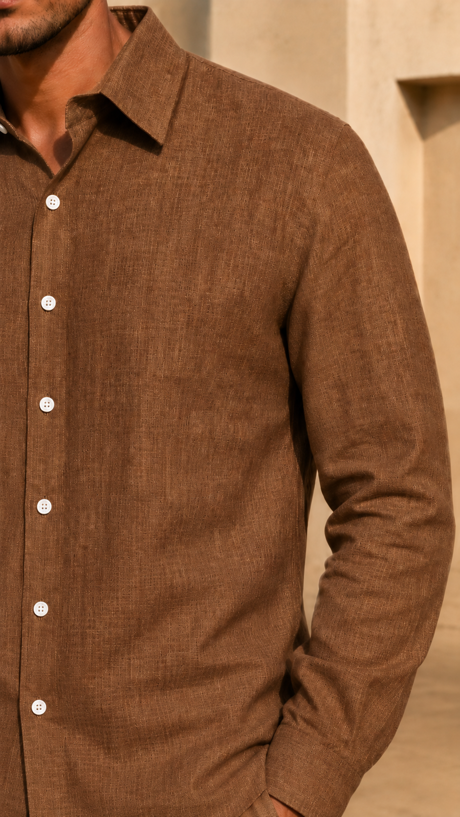 Full Sleeve Belgium Linen Pair For Men | Brown Shirt with Navy Pant by frenchcuff