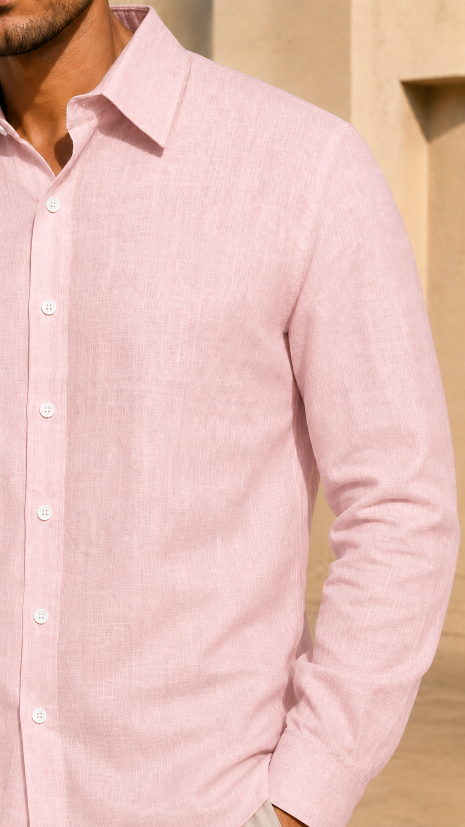 Full Sleeve Belgium Linen Pair For Men | Powder Pink Shirt with Beige Pant by frenchcuff