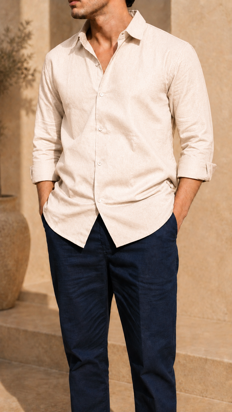 Full Sleeve Belgium Linen Pair For Men | Beige Shirt with Navy Pant by frenchcuff