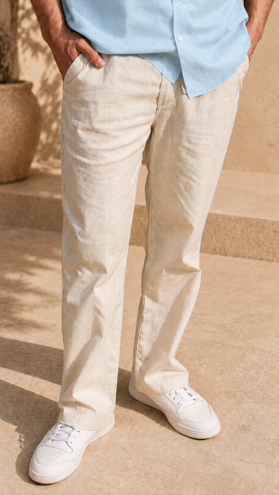 Full Sleeve Belgium Linen Pair For Men | Sky Blue Shirt with Beige Pant by frenchcuff