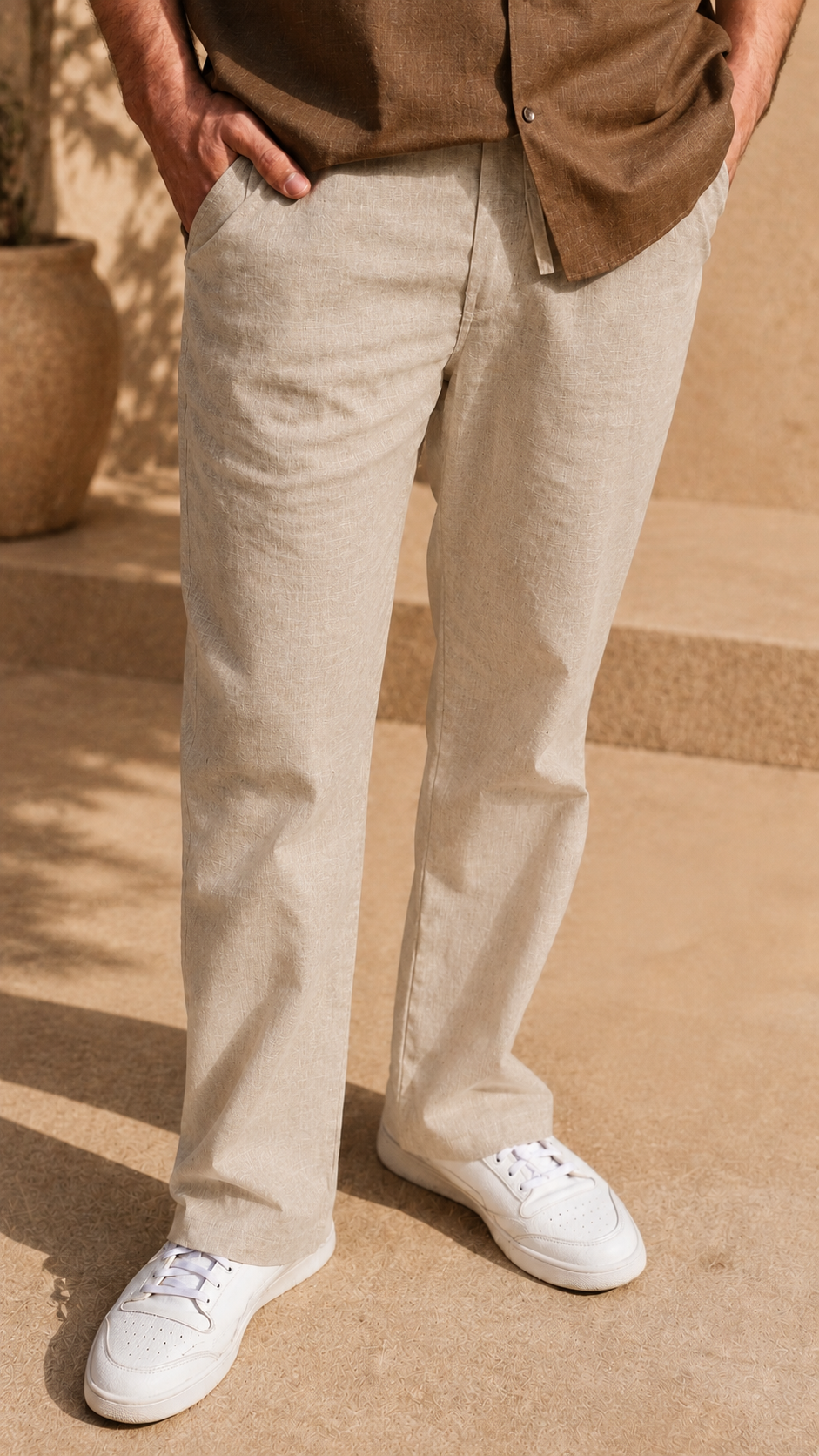 Half Sleeve Belgium Linen Pair For Men | Brown Linen Shirt with Beige Linen Pant by frenchcuff