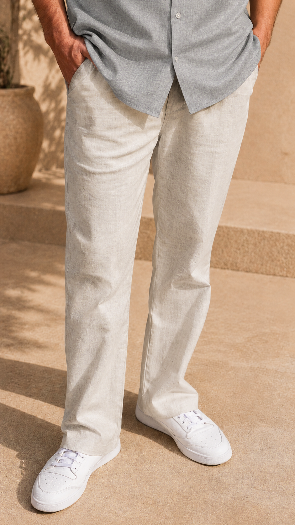 Full Sleeve Belgium Linen Pair For Men | Grey Shirt with Beige Pant by frenchcuff