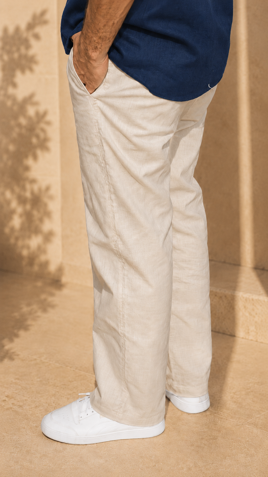 Half Sleeve Belgium Linen Pair For Men | Navy Blue Linen Shirt with Beige Linen Pant by frenchcuff