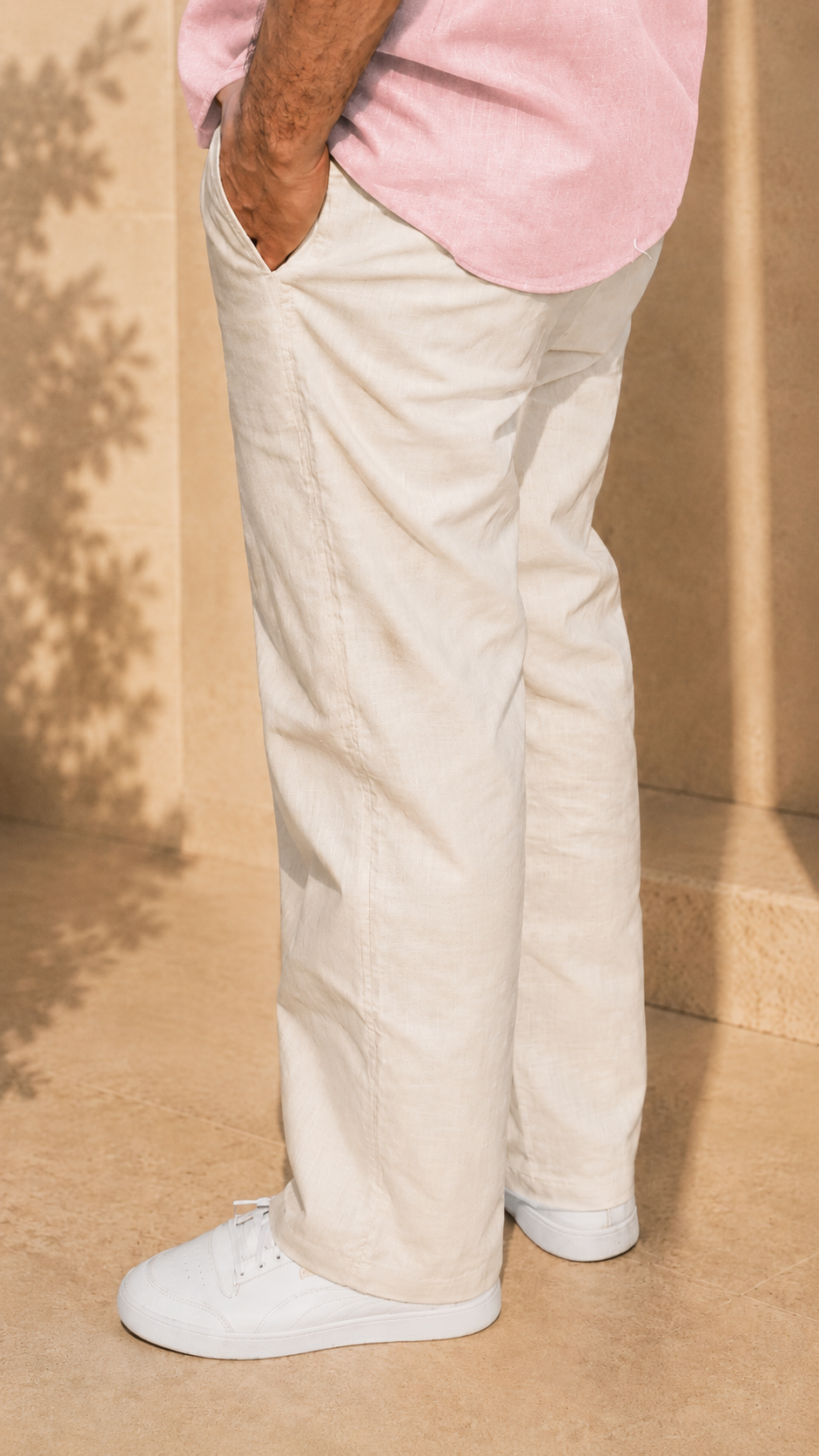 Full Sleeve Belgium Linen Pair For Men | Powder Pink Shirt with Beige Pant by frenchcuff