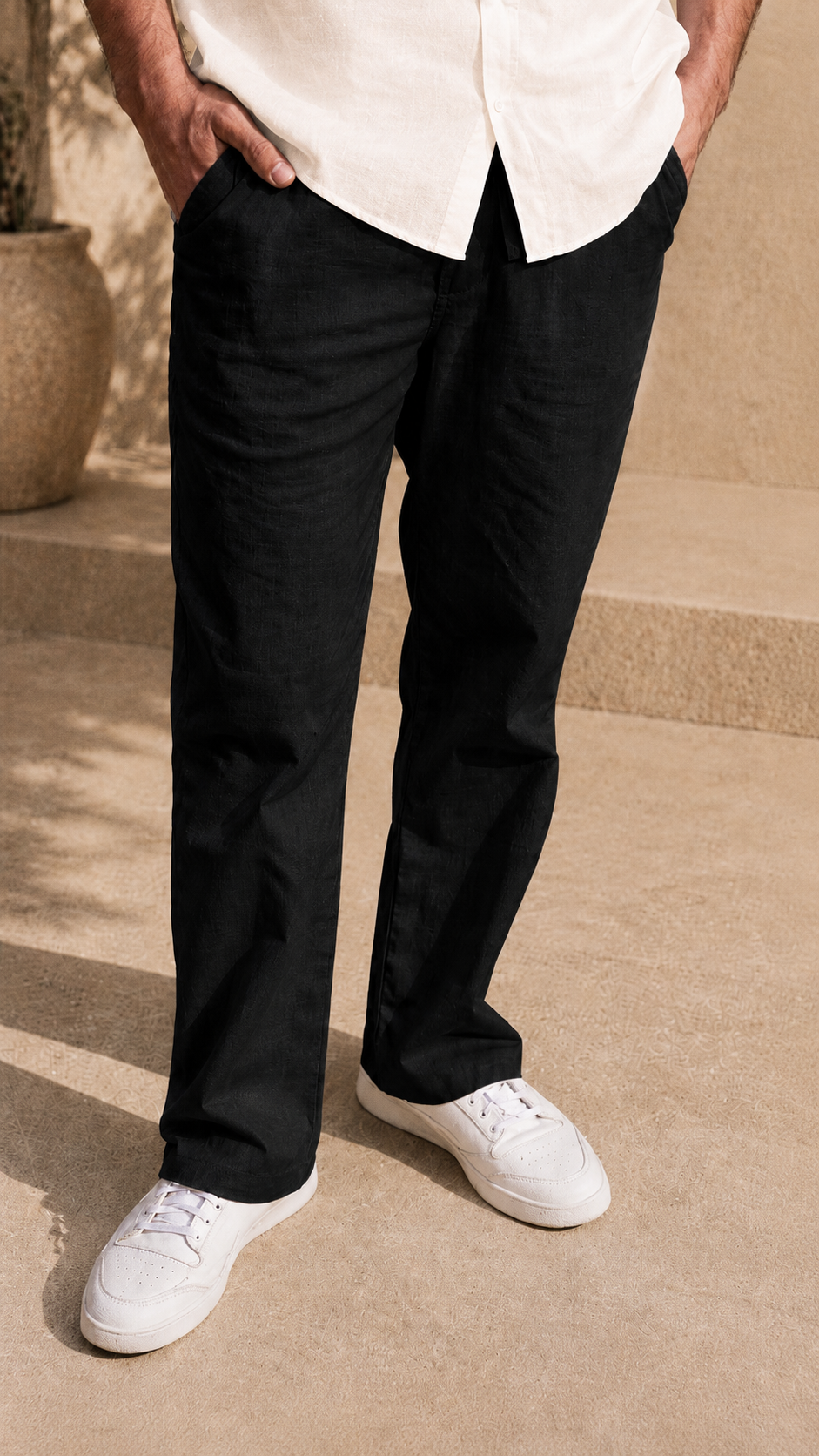 Full Sleeve Belgium Linen Pair For Men | Beige Shirt with Black Pant by frenchcuff