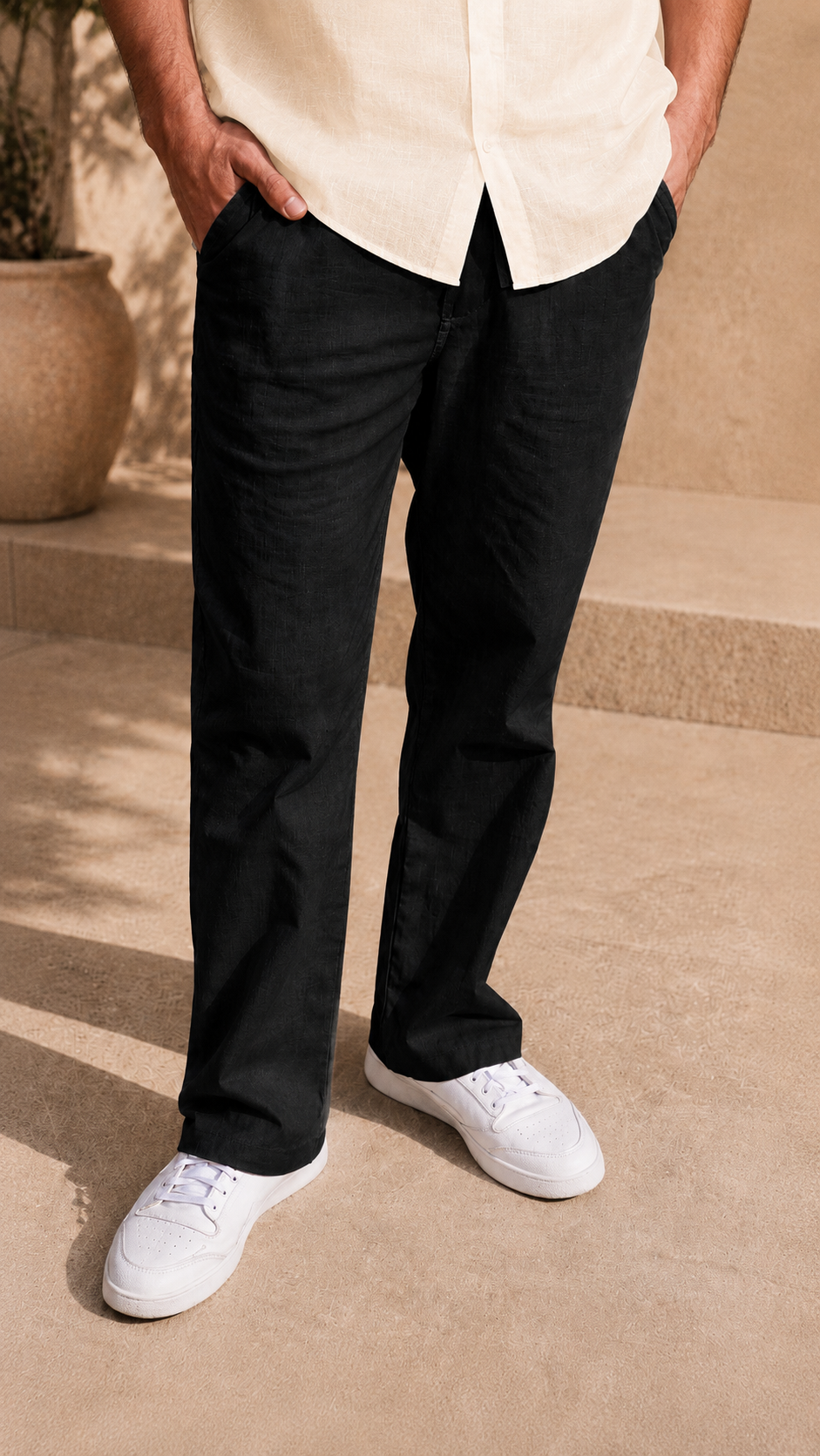 Full Sleeve Belgium Linen Pair For Men | Khaki Shirt with Black Pant by frenchcuff