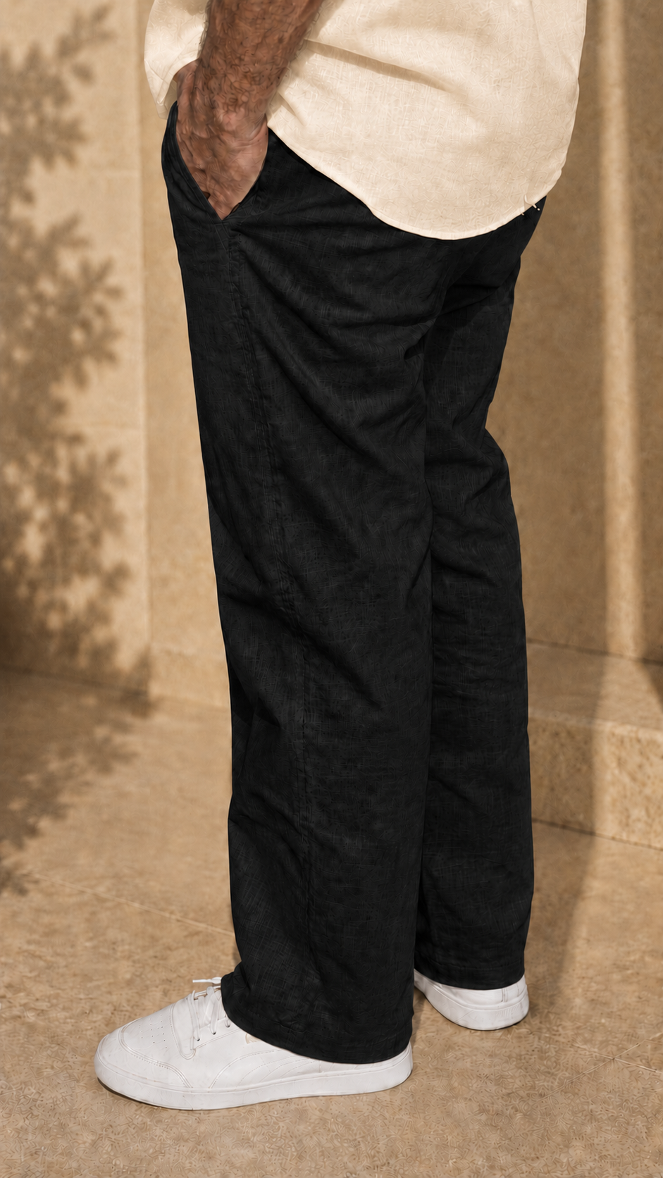 Full Sleeve Belgium Linen Pair For Men | Khaki Shirt with Black Pant by frenchcuff