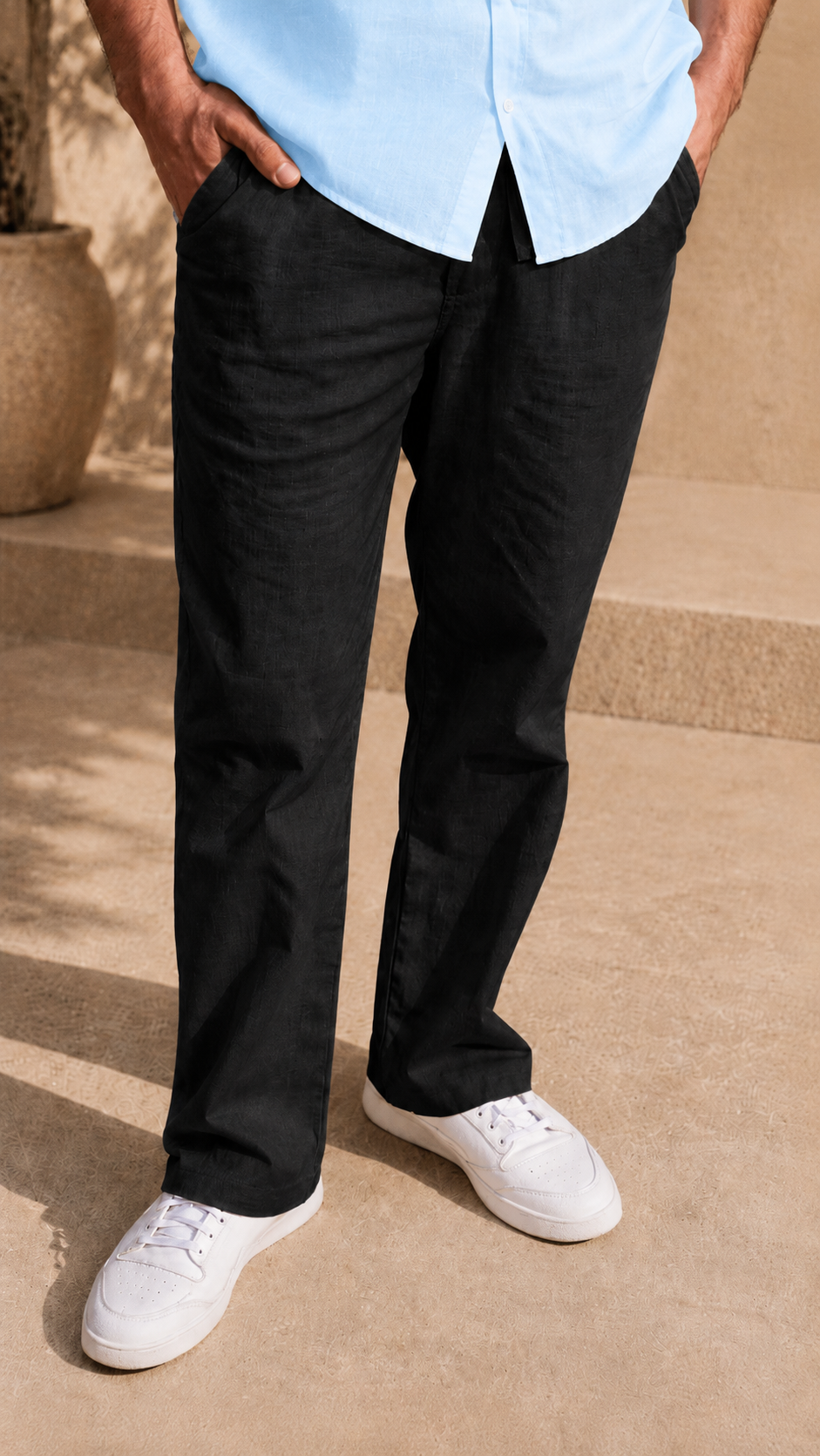 Full Sleeve Belgium Linen Pair For Men | Sky Blue Shirt with Black Pant by frenchcuff