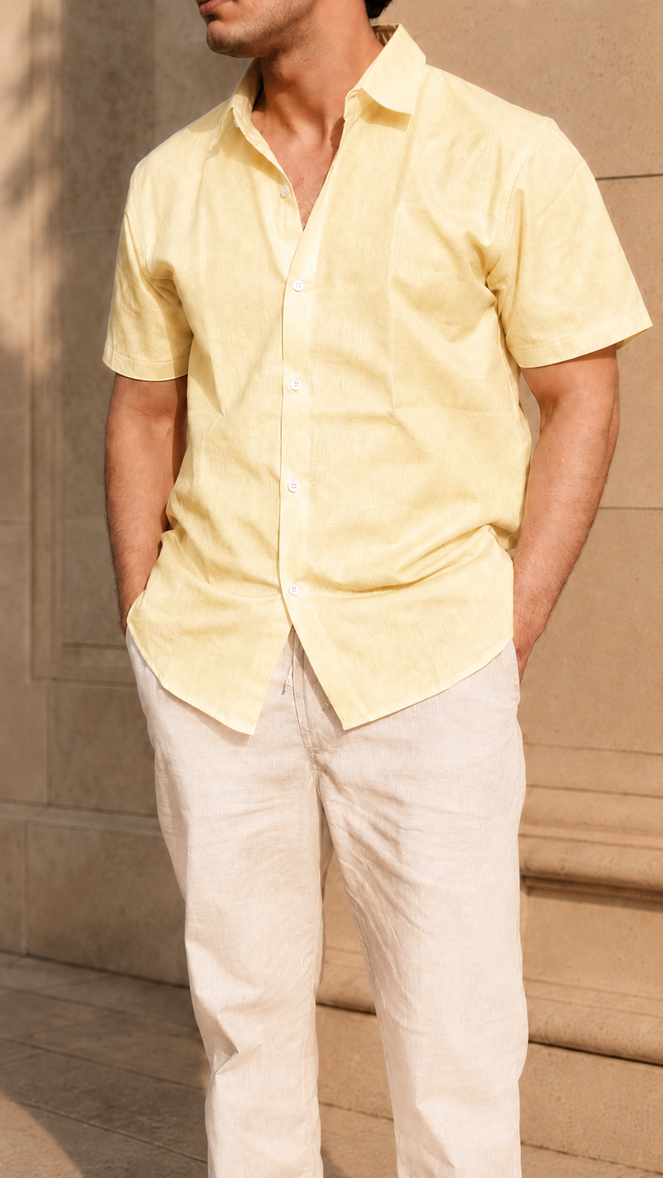 Half Sleeve Belgium Linen Pair For Men | Buttery Yellow Linen Shirt with Beige Linen Pant by frenchcuff