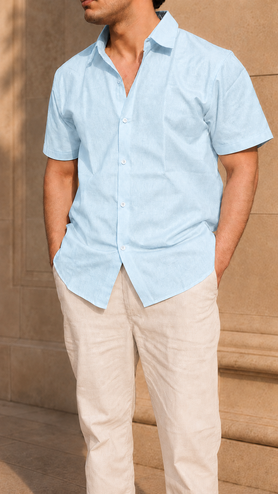 Half Sleeve Belgium Linen Pair For Men | Sky Blue Linen Shirt with Beige Linen Pant by frenchcuff