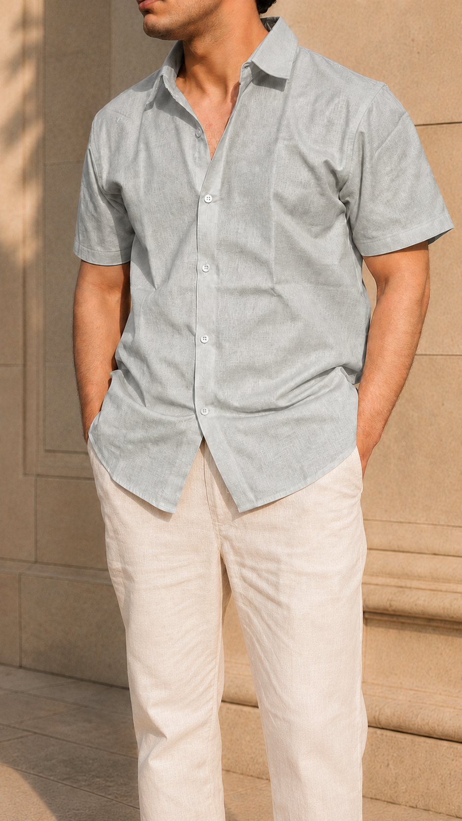 Half Sleeve Belgium Linen Pair For Men | Grey Linen Shirt with Beige Linen Pant by frenchcuff