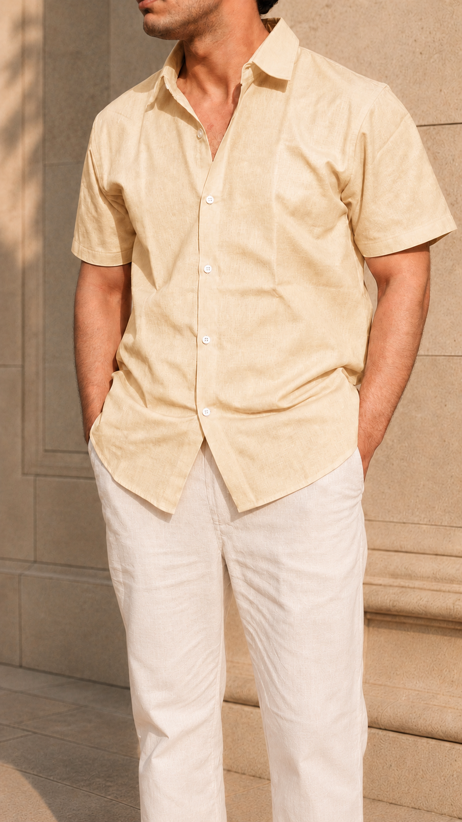 Half Sleeve Belgium Linen Pair For Men | Khaki Linen Shirt with Beige Linen Pant by frenchcuff