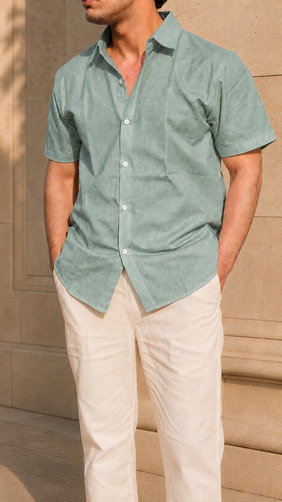 Half Sleeve Belgium Linen Pair For Men | Mint Green Linen Shirt with Beige Linen Pant by frenchcuff