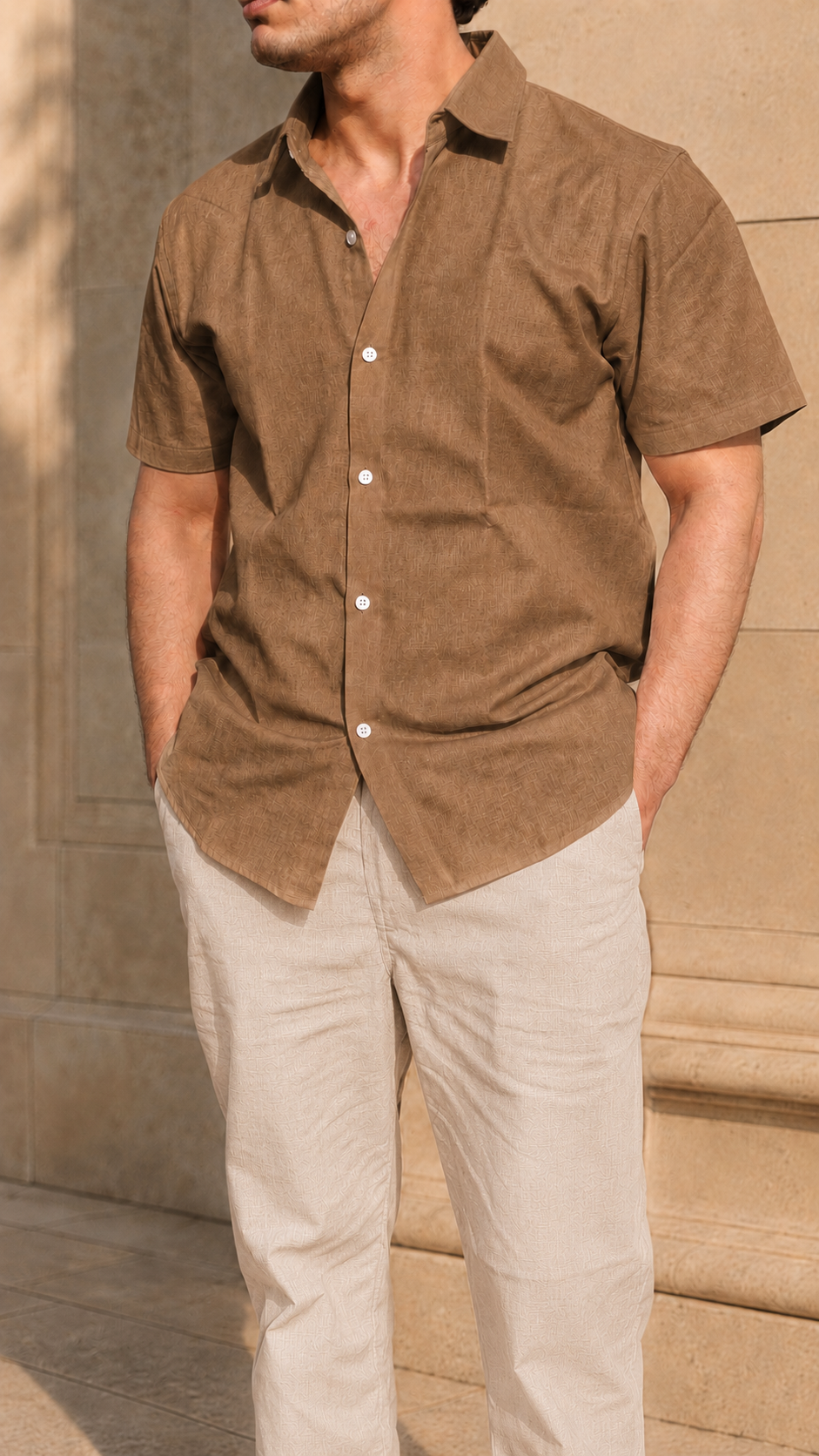 Half Sleeve Belgium Linen Pair For Men | Brown Linen Shirt with Beige Linen Pant by frenchcuff