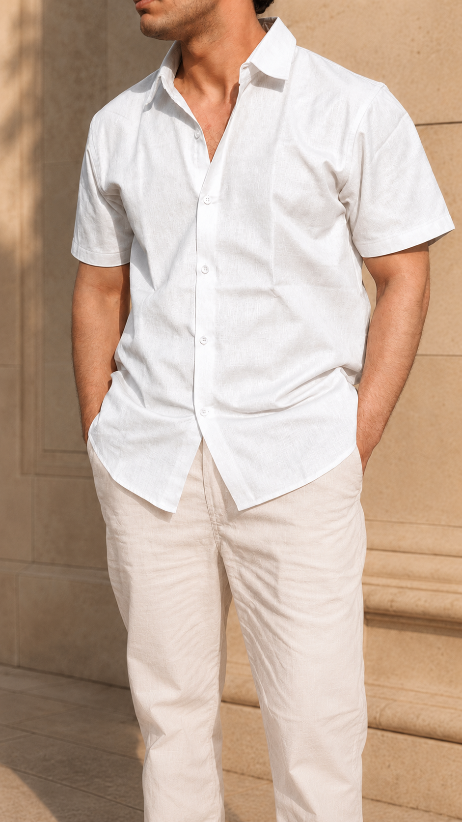 Half Sleeve Belgium Linen Pair For Men | White Linen Shirt with Beige Linen Pant by frenchcuff