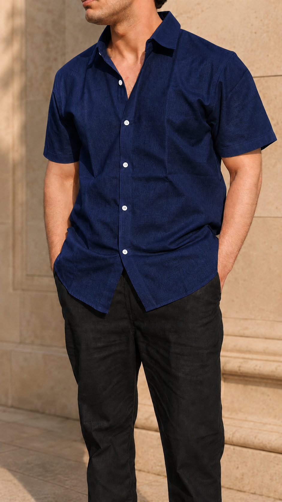 Half Sleeve Belgium Linen Pair For Men | Navy Linen Shirt with Black Linen Pant by frenchcuff