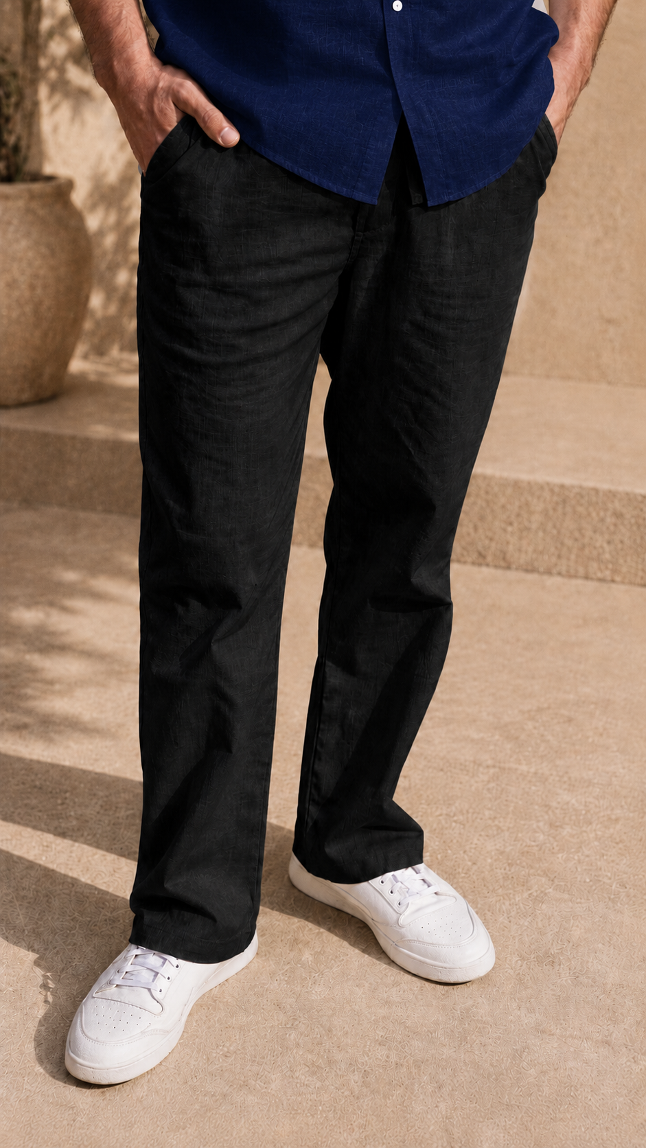 Half Sleeve Belgium Linen Pair For Men | Navy Linen Shirt with Black Linen Pant by frenchcuff