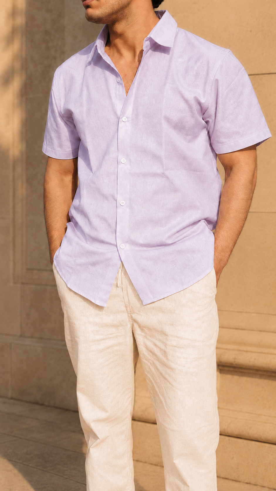 Half Sleeve Belgium Linen Pair For Men | Lavender Linen Shirt with Beige Linen Pant by frenchcuff
