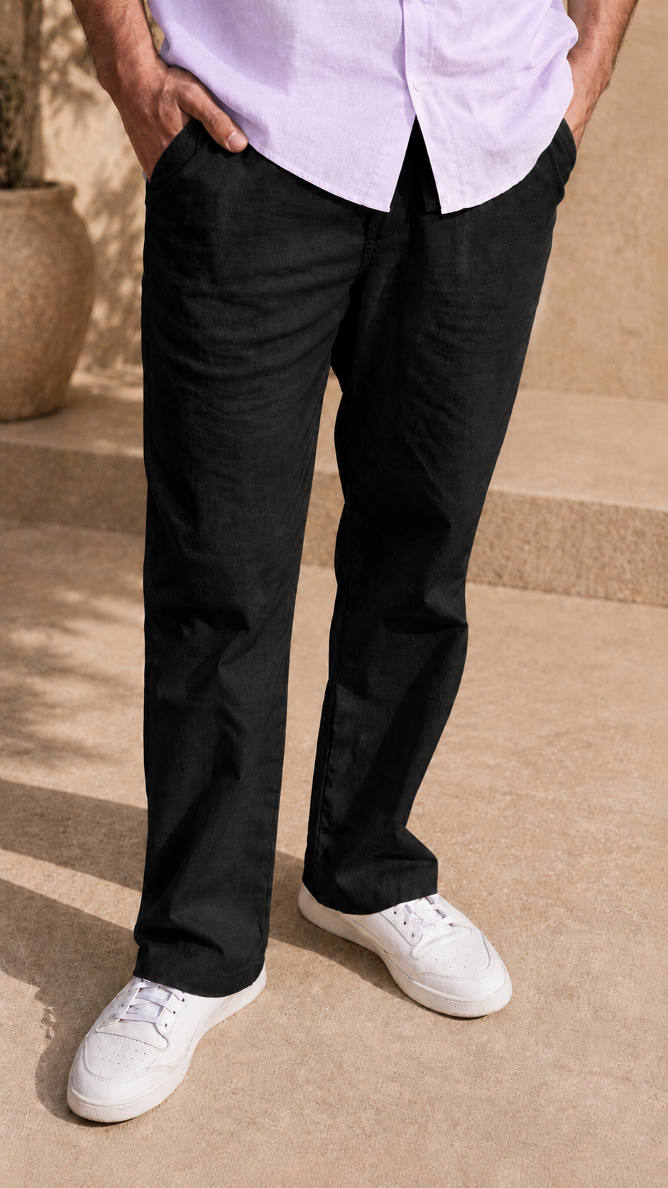 Half Sleeve Belgium Linen Pair For Men | Lavender Linen Shirt with Black Linen Pant by frenchcuff