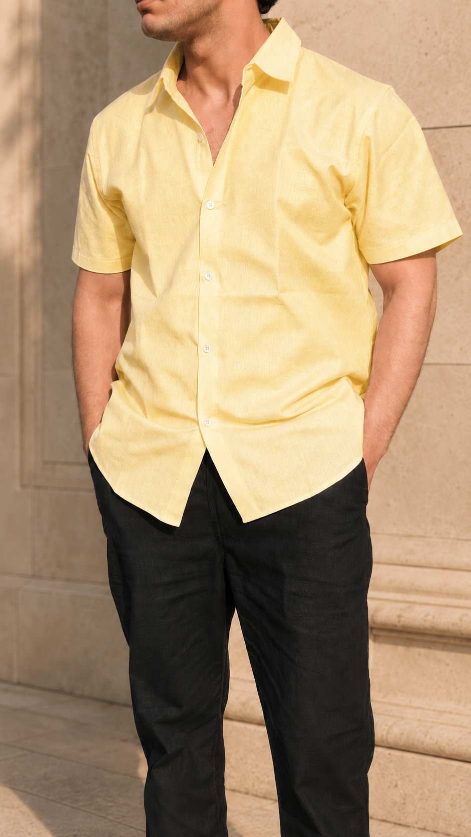 Half Sleeve Belgium Linen Pair For Men | Buttery Yellow Linen Shirt with Black Linen Pant by frenchcuff