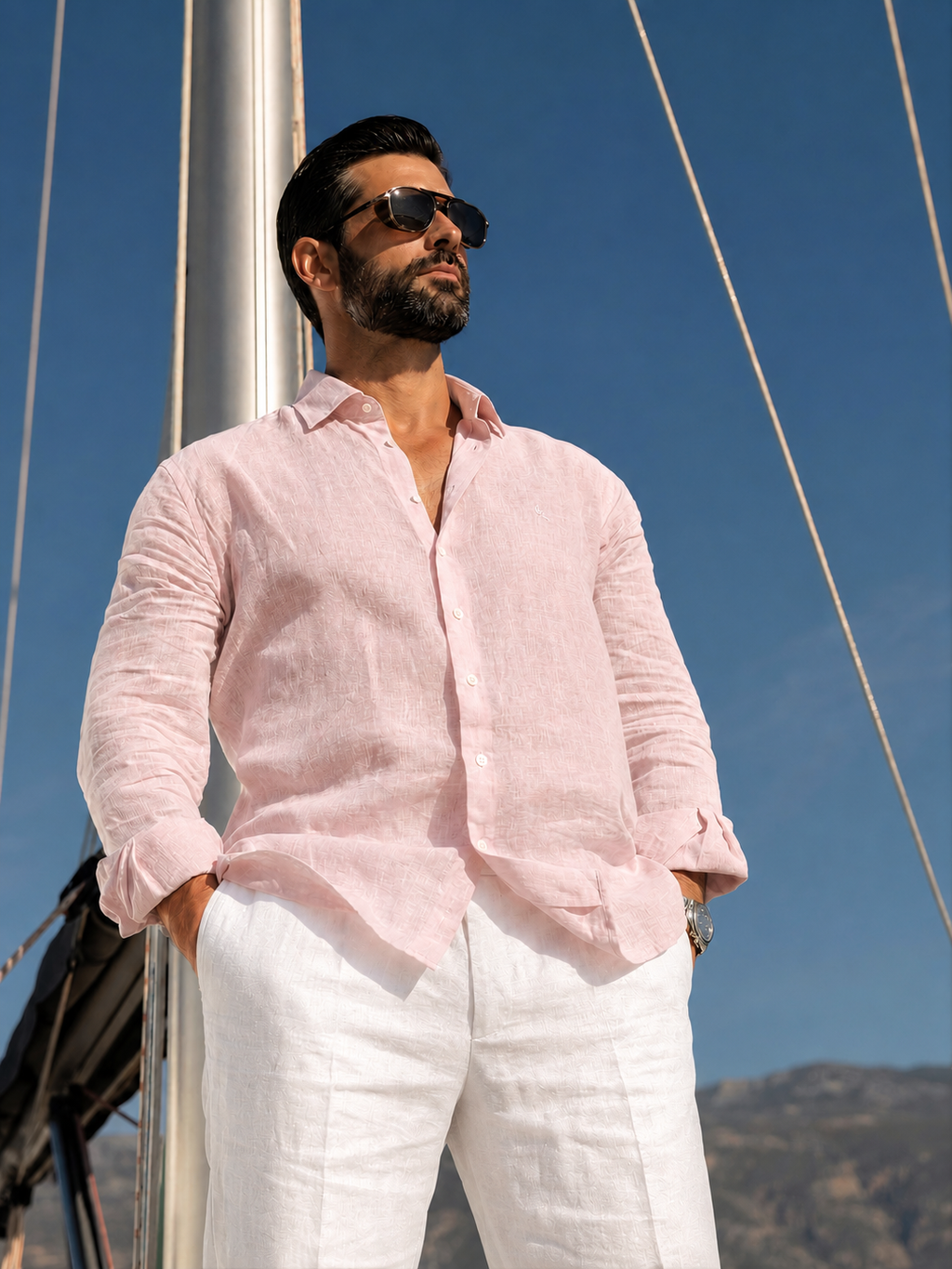 Full Sleeve Linen Pair For Men | Powder Pink Linen Shirt with White Linen Pant by french cuff