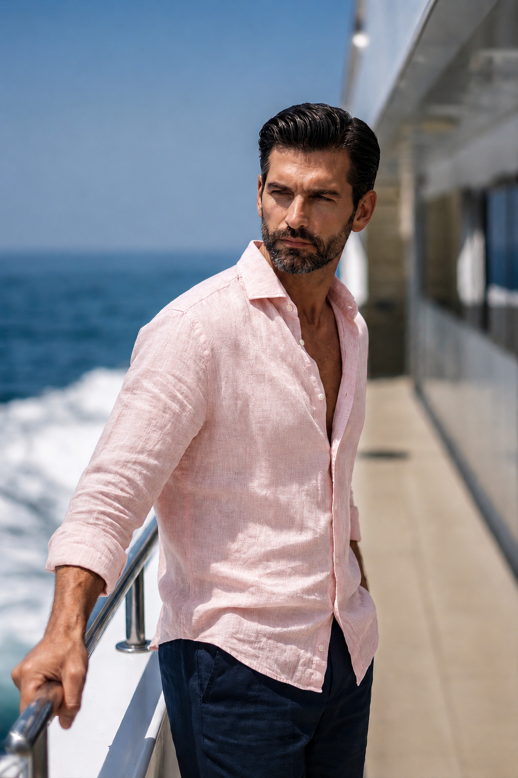 Full Sleeve Linen Pair For Men | Powder Pink Linen Shirt with Navy Linen Pant by french cuff