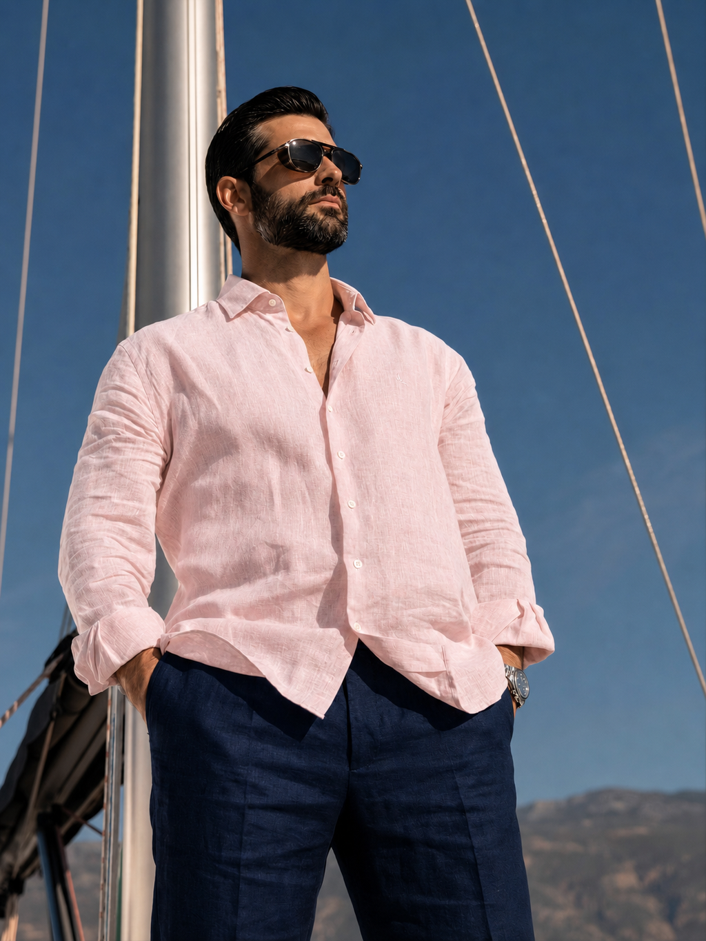 Full Sleeve Linen Pair For Men | Powder Pink Linen Shirt with Navy Linen Pant by french cuff