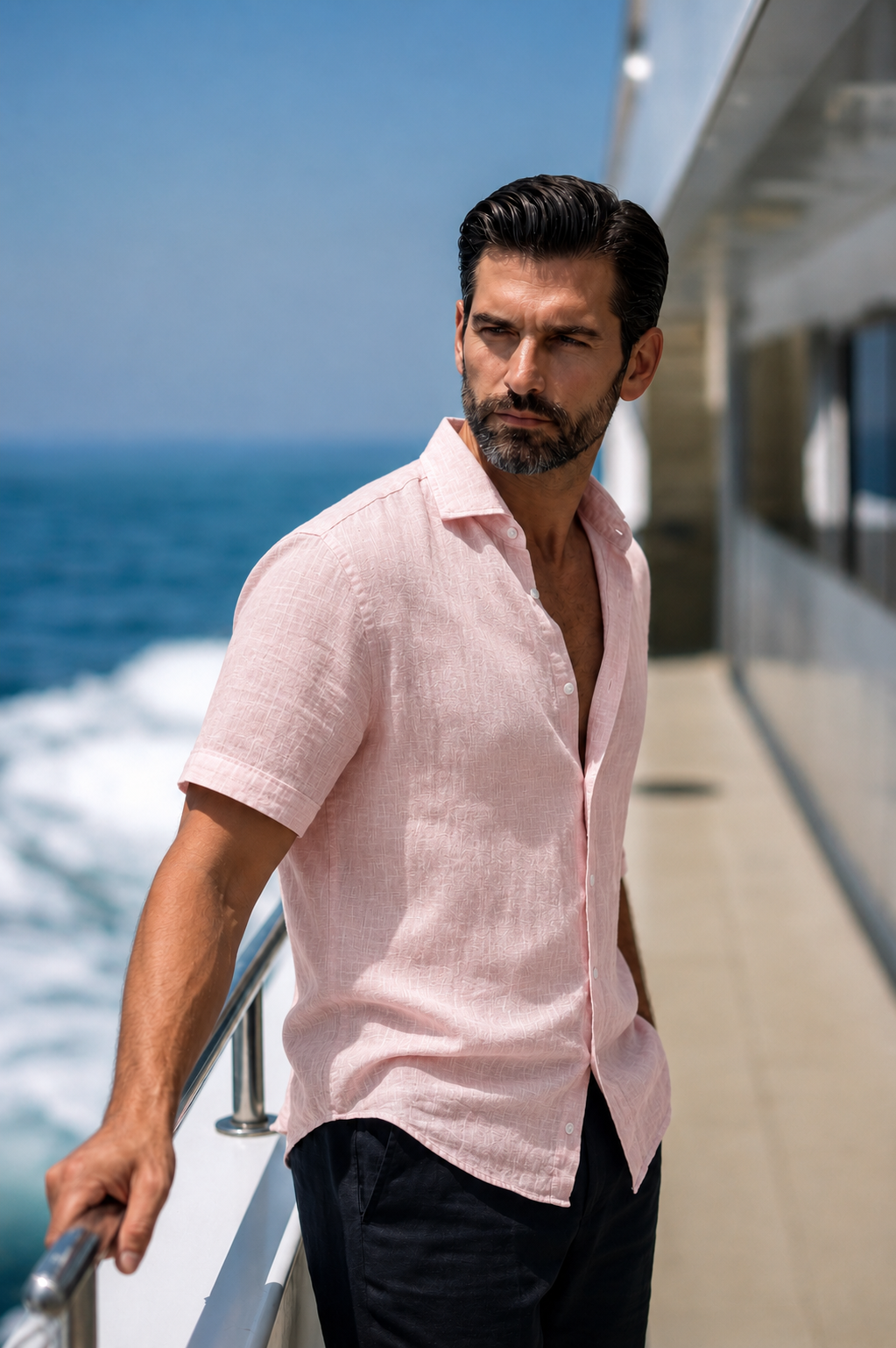 Half Sleeve Linen Pair For Men | Powder Pink Linen Shirt with Black Linen Pant by french cuff