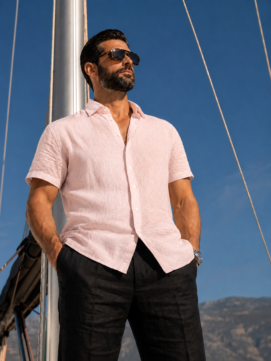 Half Sleeve Linen Pair For Men | Powder Pink Linen Shirt with Black Linen Pant by french cuff