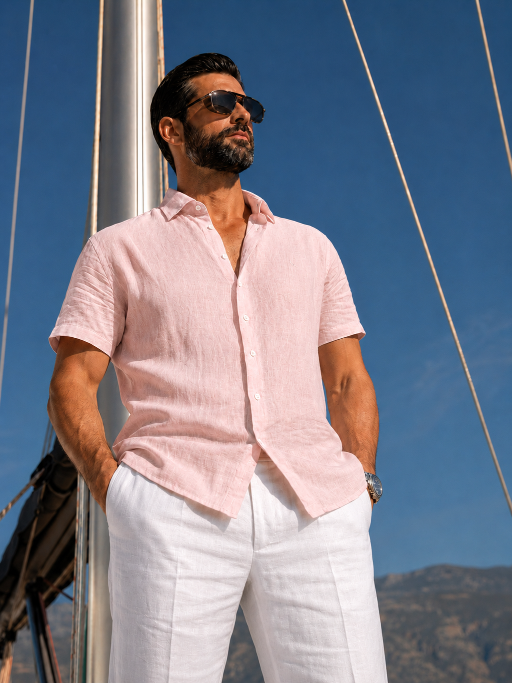 Half Sleeve Linen Pair For Men | Powder Pink Linen Shirt with White Linen Pant by french cuff