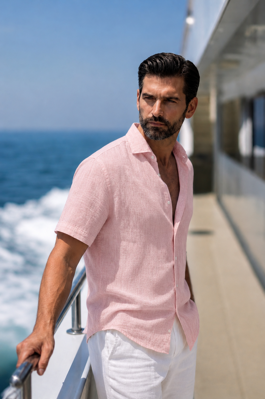 Half Sleeve Linen Pair For Men | Powder Pink Linen Shirt with White Linen Pant by french cuff