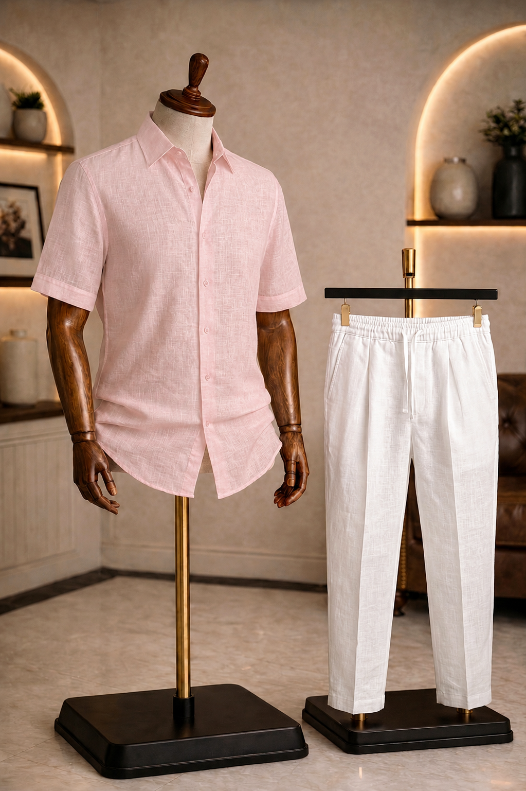 Half Sleeve Linen Pair For Men | Powder Pink Linen Shirt with White Linen Pant by french cuff
