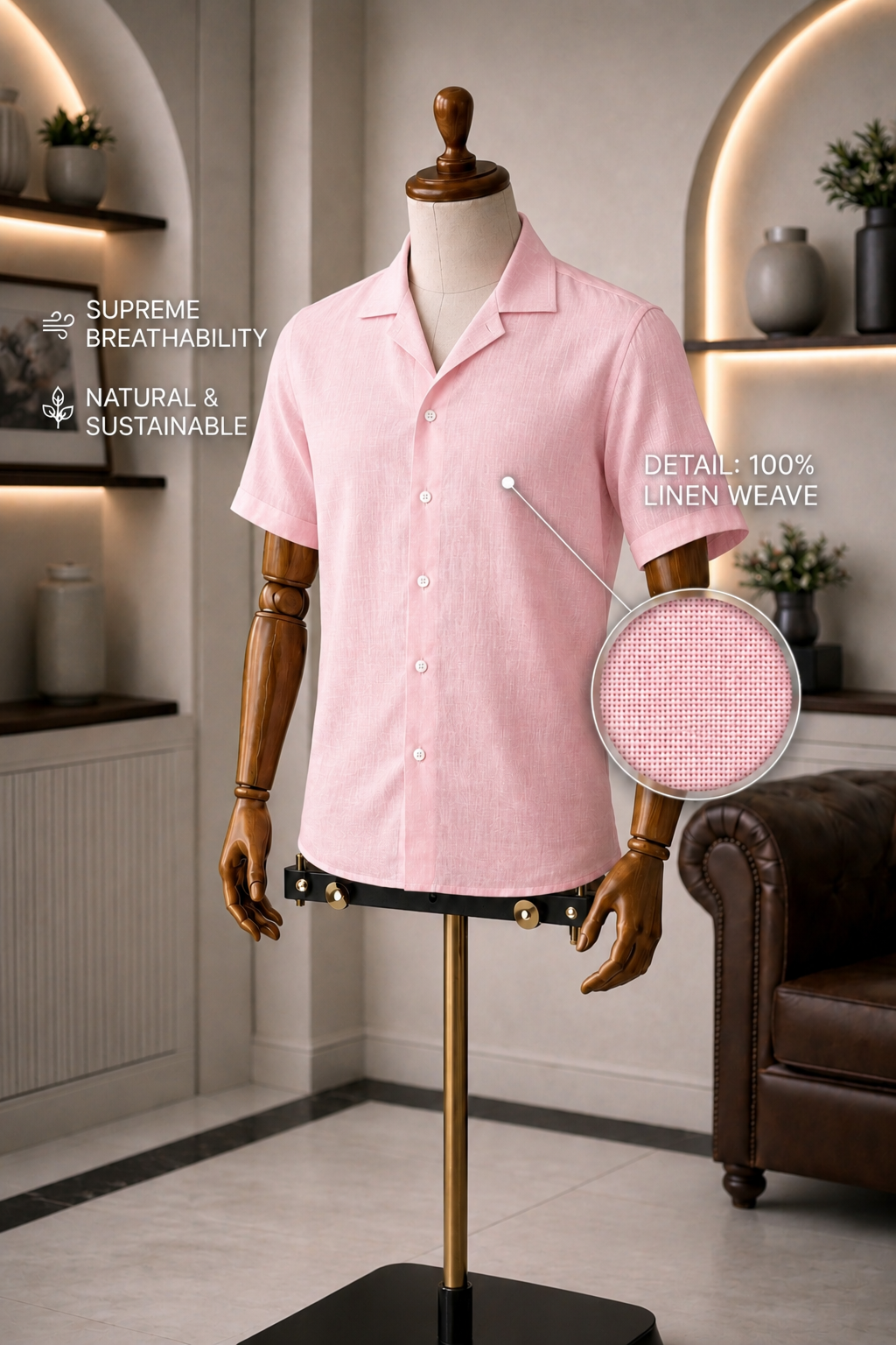 Cuban Collar Half Sleeve Men's Belgium Linen Pink Shirt | Summer Wear
