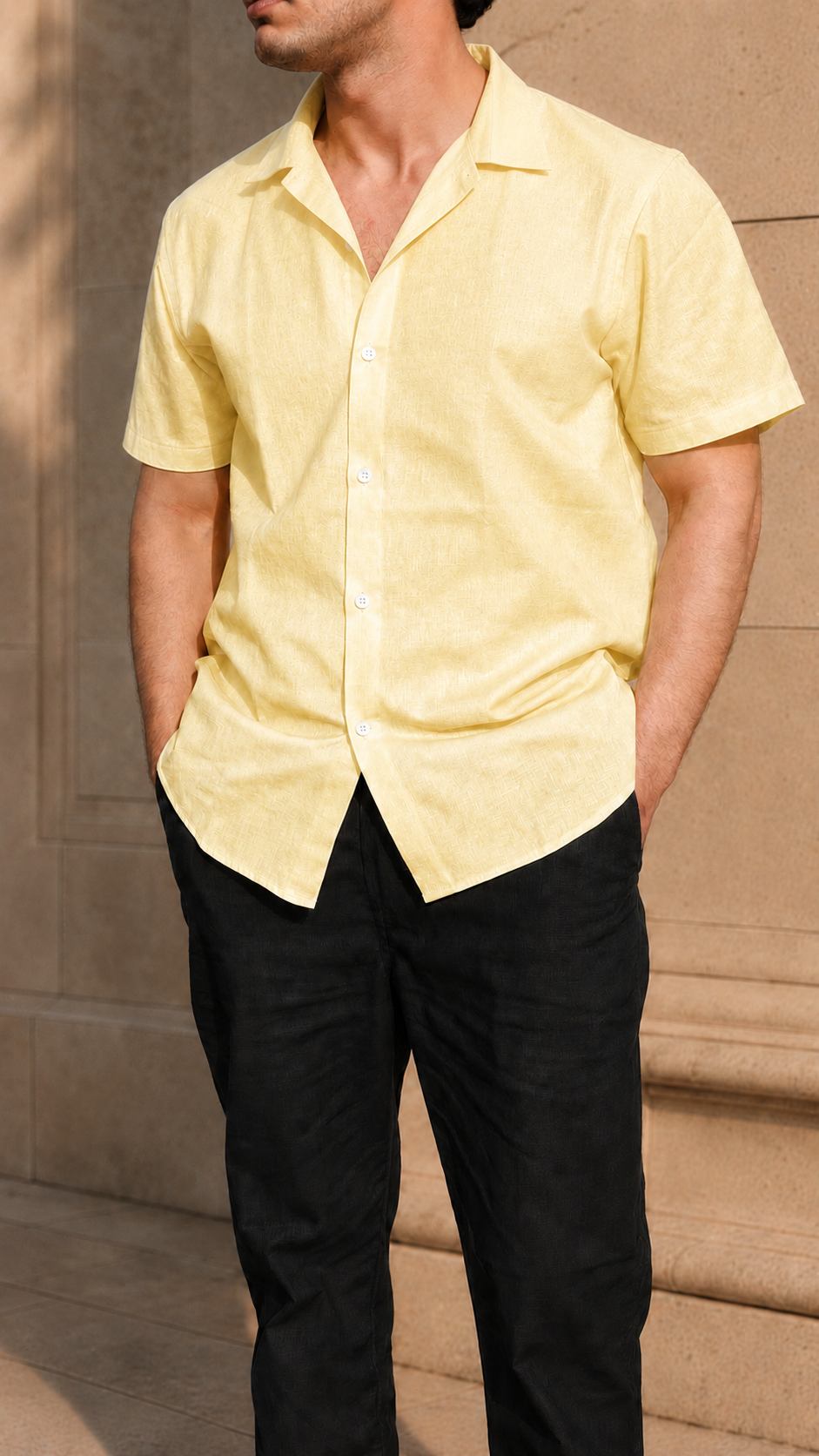 Cuban Collar Half Sleeve Men's Belgium Linen Yellow Shirt | Summer Wear