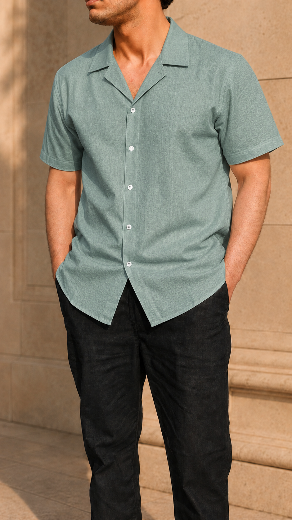 Cuban Collar Half Sleeve Men's Belgium Linen Green Shirt | Summer Wear
