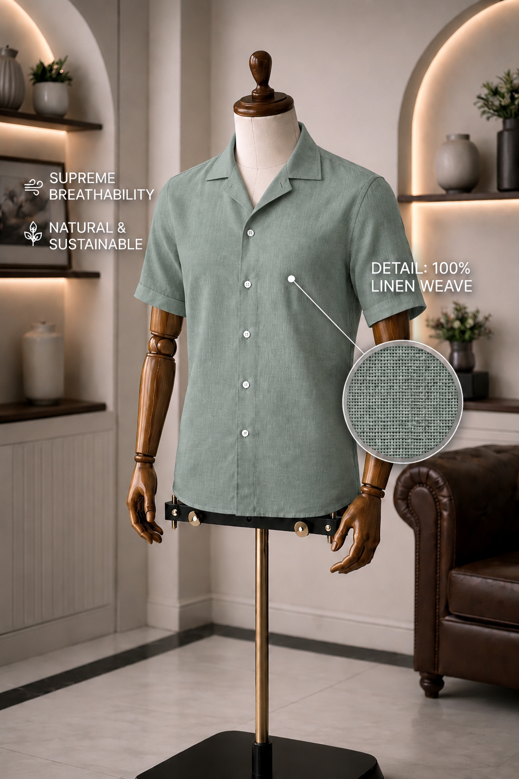 Cuban Collar Half Sleeve Men's Belgium Linen Green Shirt | Summer Wear