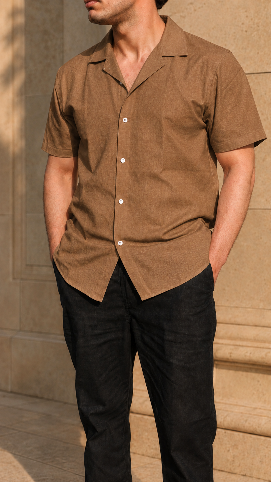 Cuban Collar Half Sleeve Men's Belgium Linen Brown Shirt | Summer Wear
