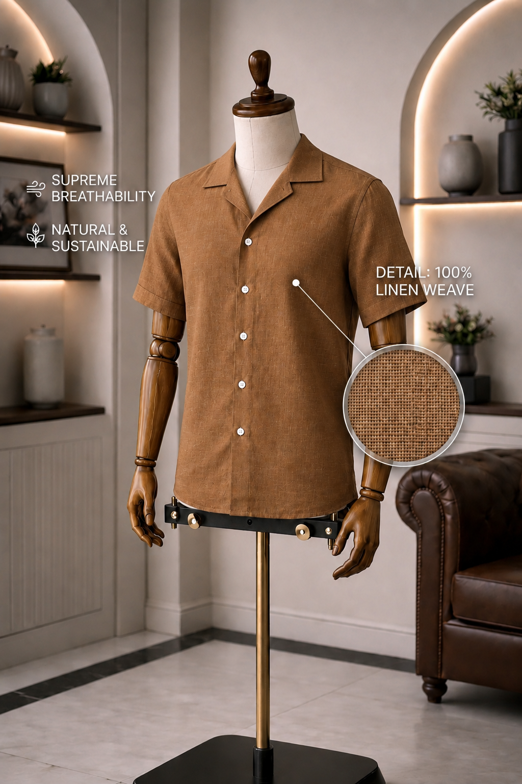 Cuban Collar Half Sleeve Men's Belgium Linen Brown Shirt | Summer Wear