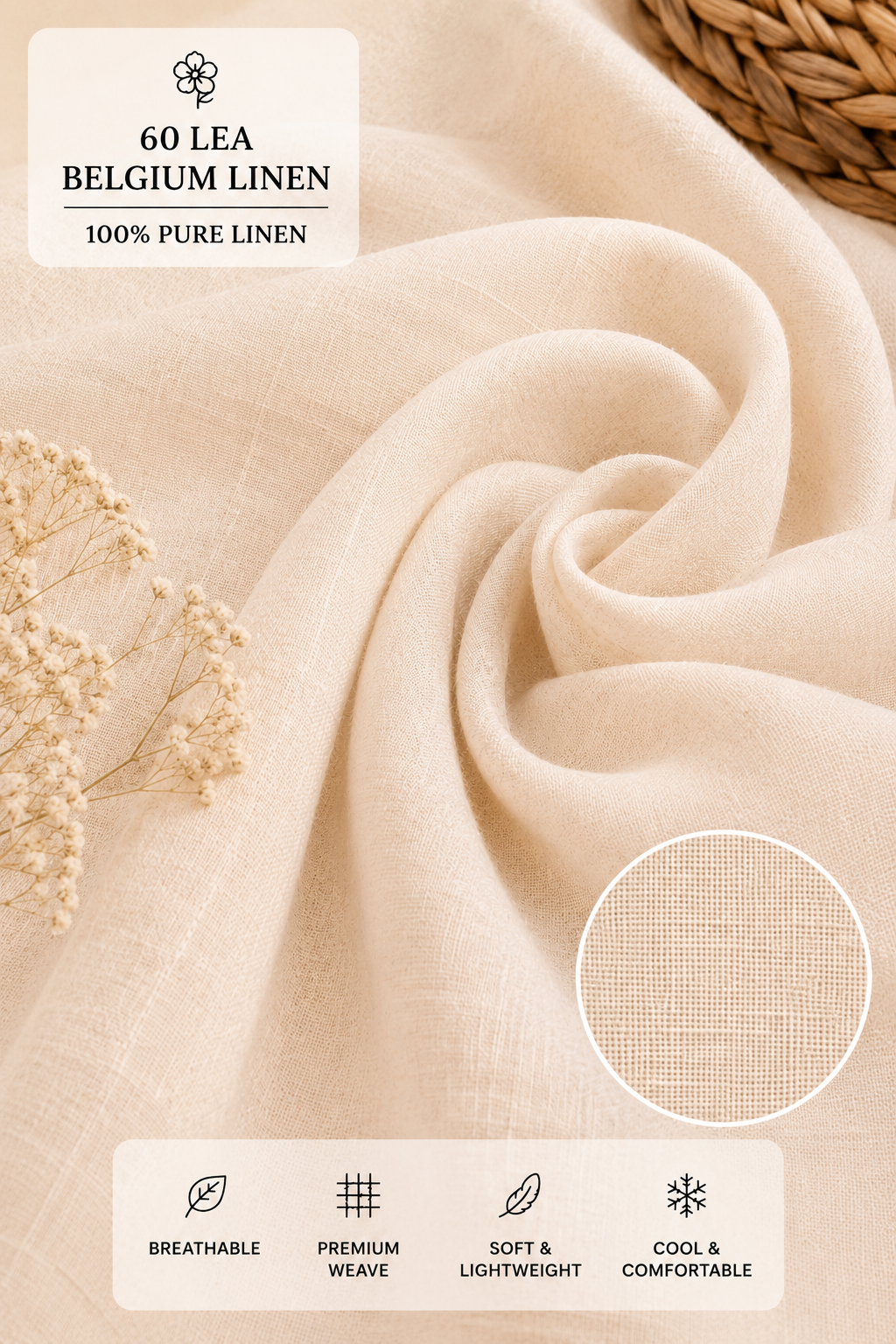 French Cuff 100% Belgium Linen Beige Fabric