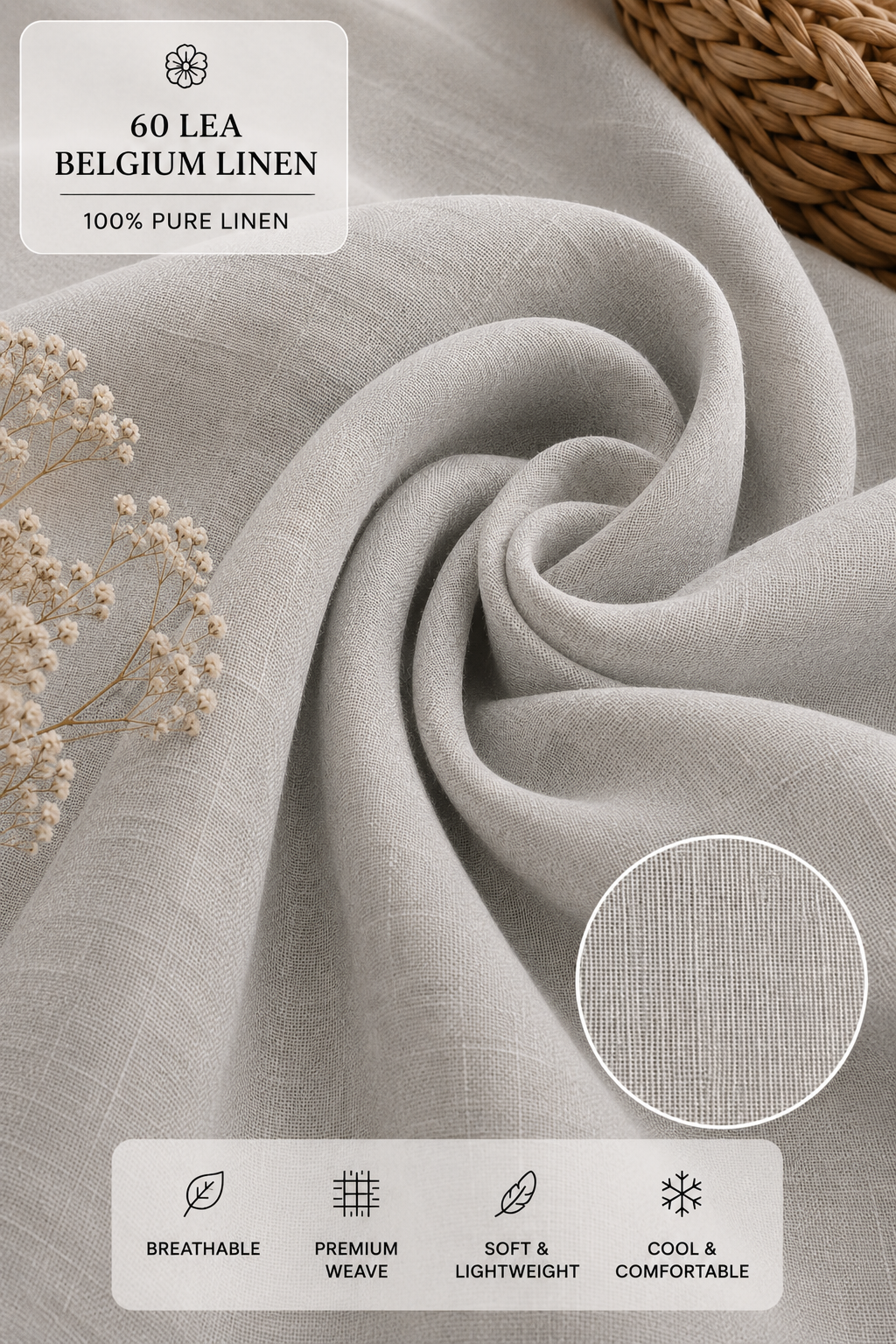 French Cuff 100% Belgium Linen Light Grey Fabric.