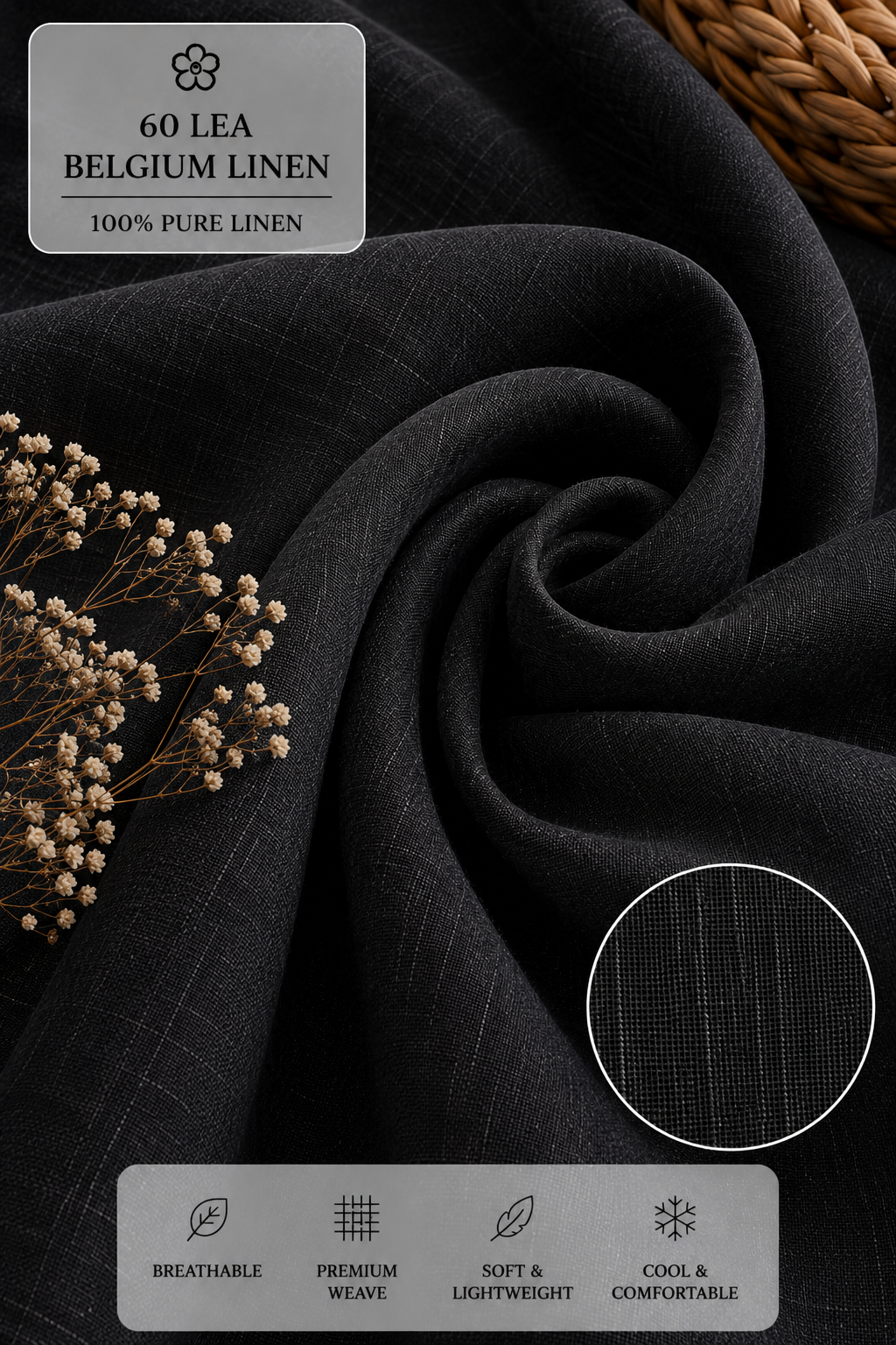 French Cuff 100% Belgium Linen Black Fabric.