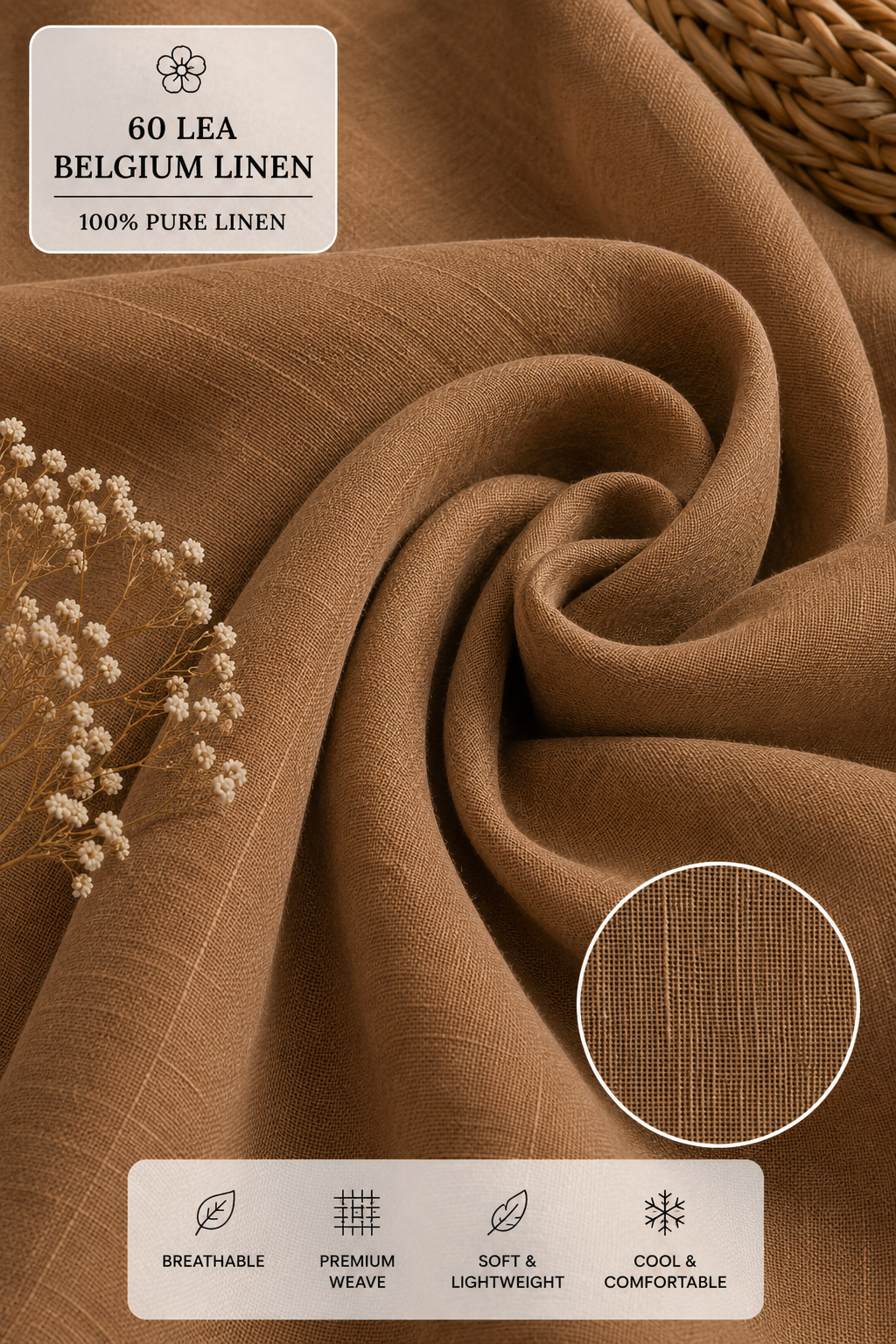 French Cuff 100% Belgium Linen Brown Fabric