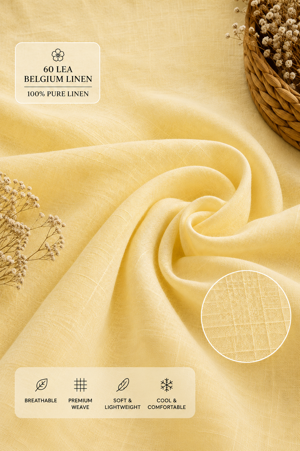 French Cuff 100% Belgium Linen Yellow Fabric