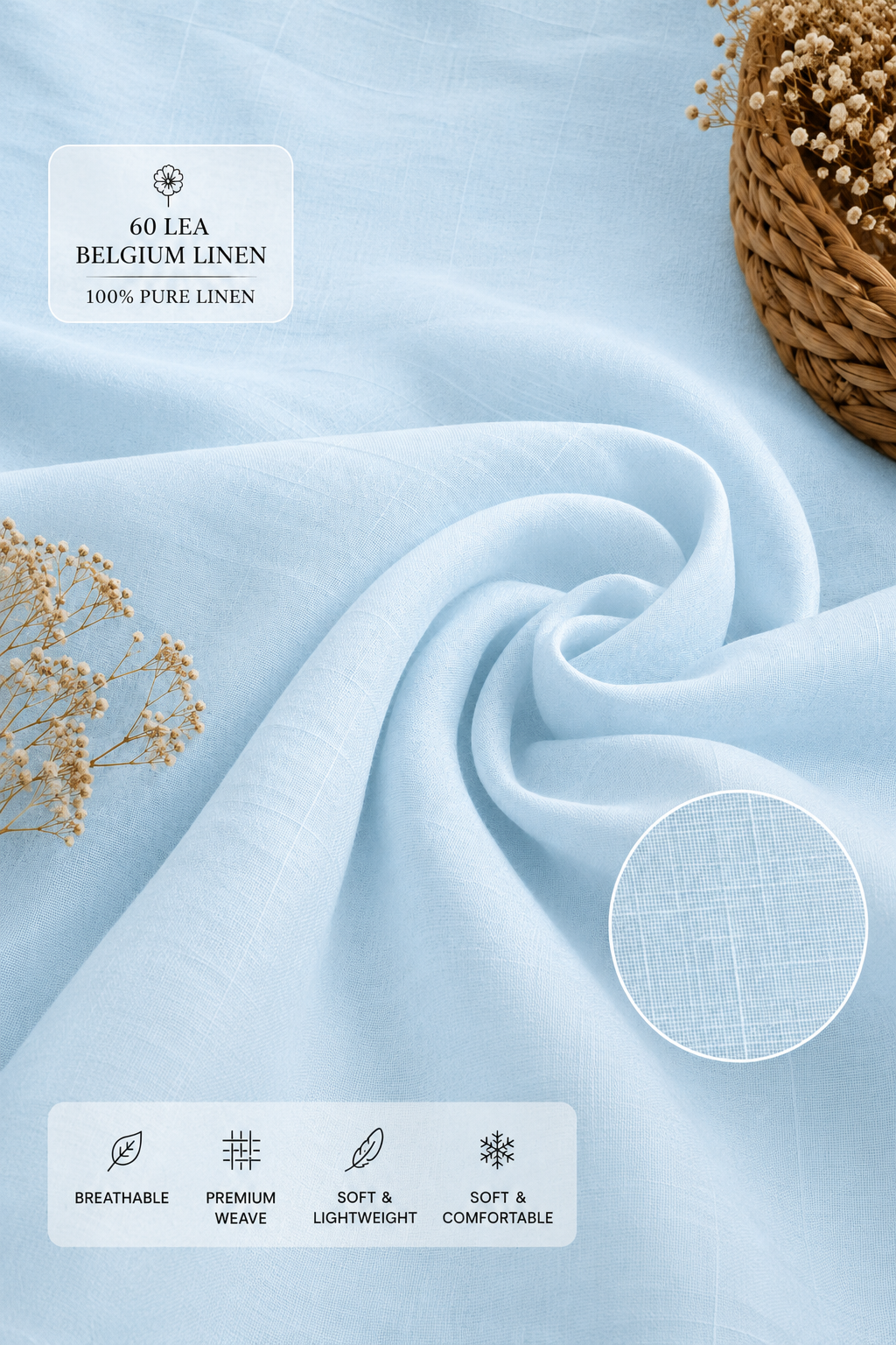 French Cuff 100% Belgium Linen Sky Blue Fabric